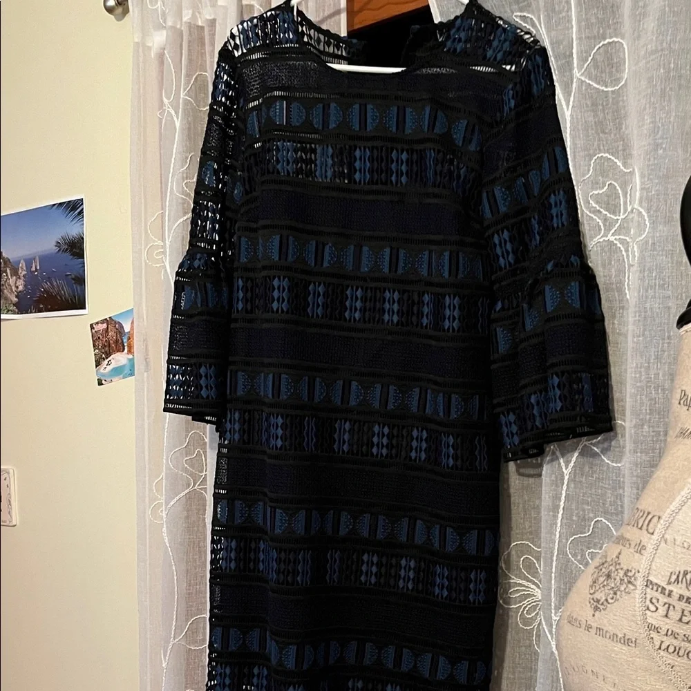 Trina Turk Black and Blue Patterned Long Sleeve Dress NWT 10